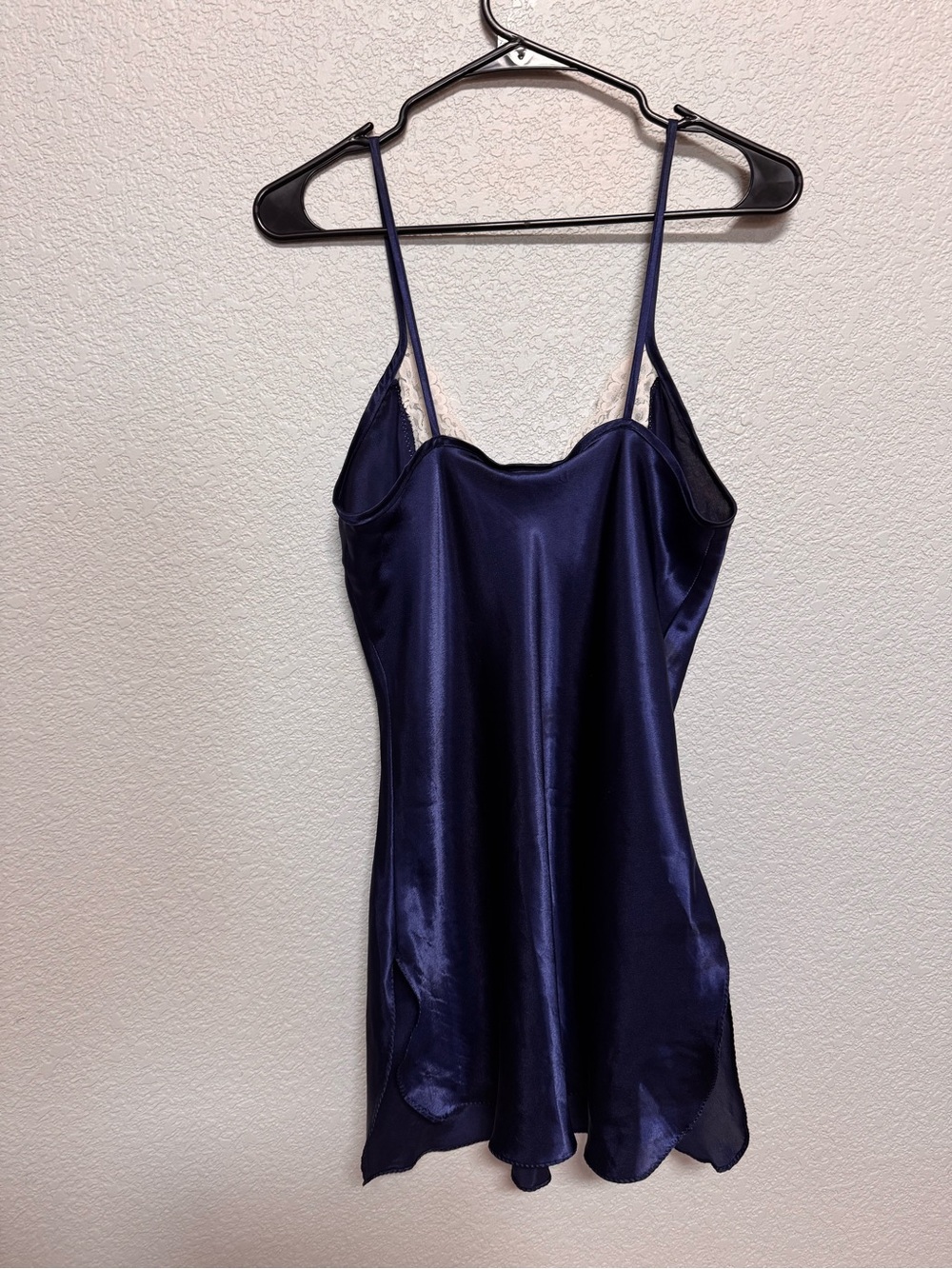 Vintage 90s Lace Trim V Neck Satin Mini Slip Dress Navy Women’s M Y2K Lingerie - Picture 7 of 8